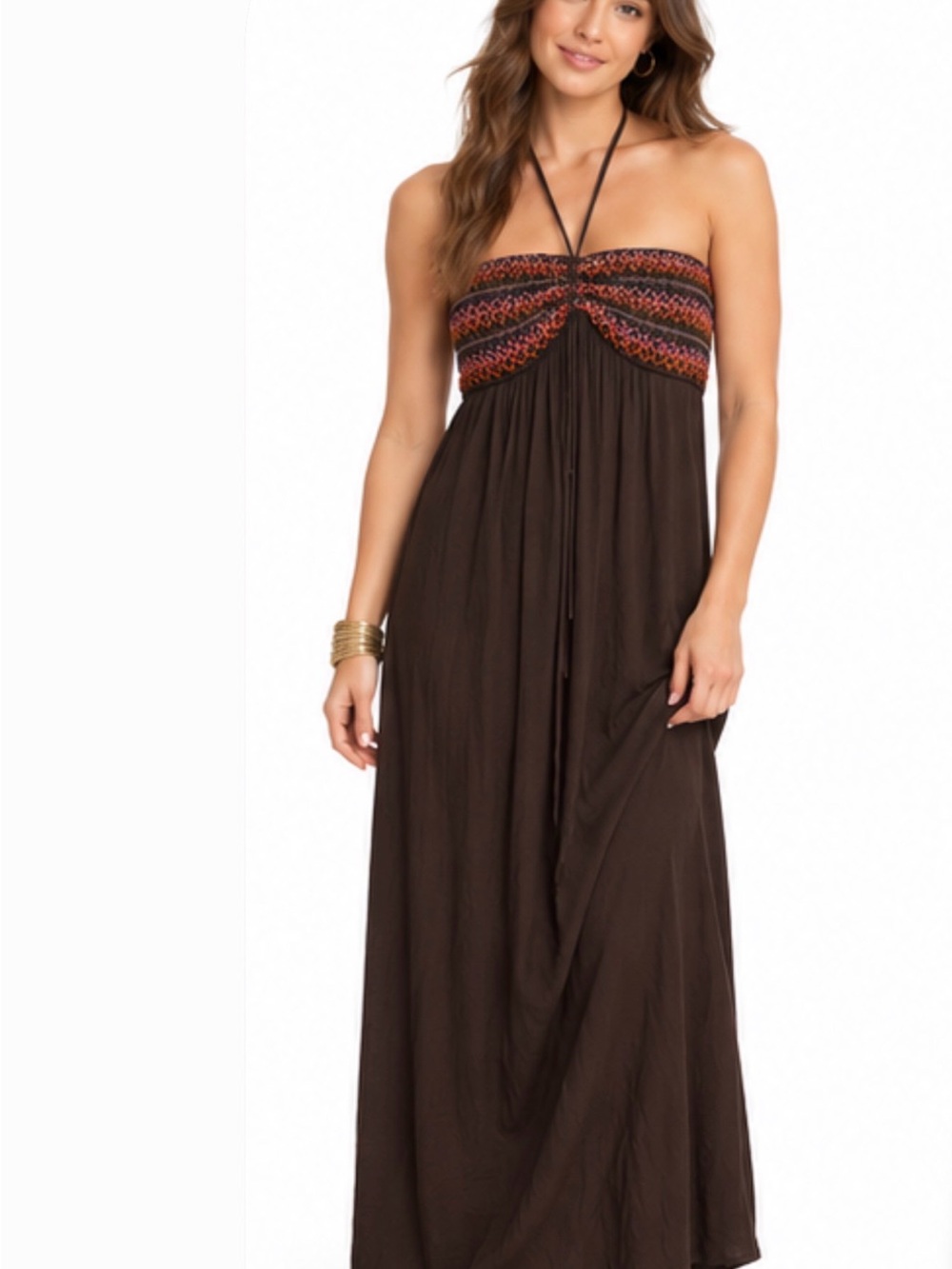 Strapless Brown Maxi Dress with Embroidered Bodice